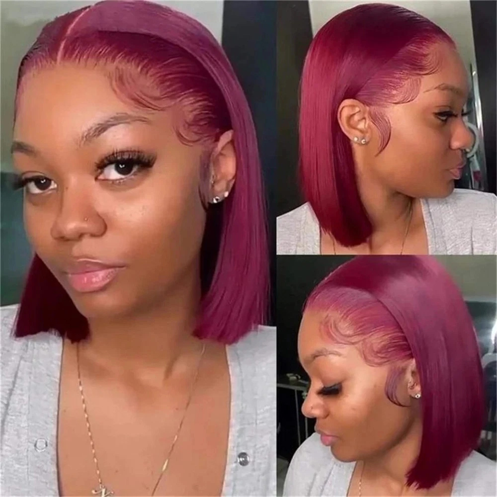 Color 99J Burgundy Short Bob W - Pre Parted 13X4 Lace Front Bob Wig 评论和价格