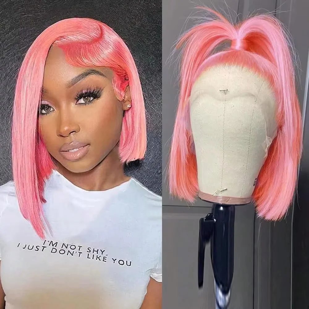 10Inch Pink Bob Wigs Human Hai - Pre Parted 13X4 Lace Front Bob Wig 评论和价格